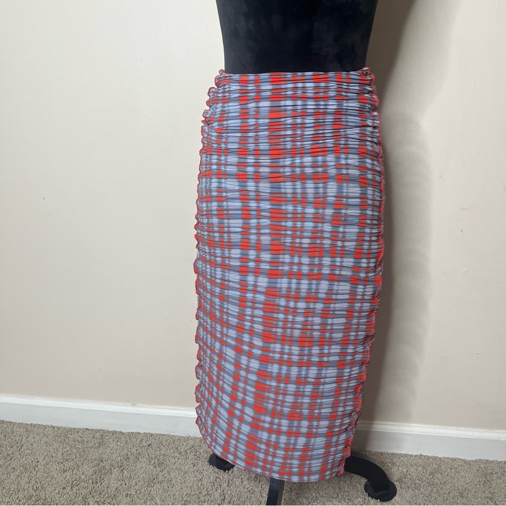 In‎ Shade Women’s Blue Orange Plaid Contrast Stitched Ruched Midi Skirt Sz M